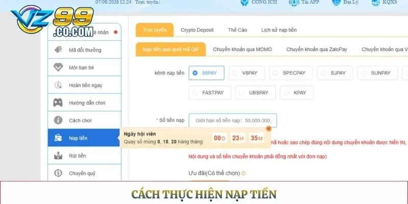 Cách thực hiện nạp tiền